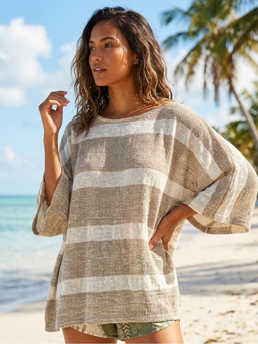 💕Last One! POL Women’s Linen Striped Top - Beige & Cream